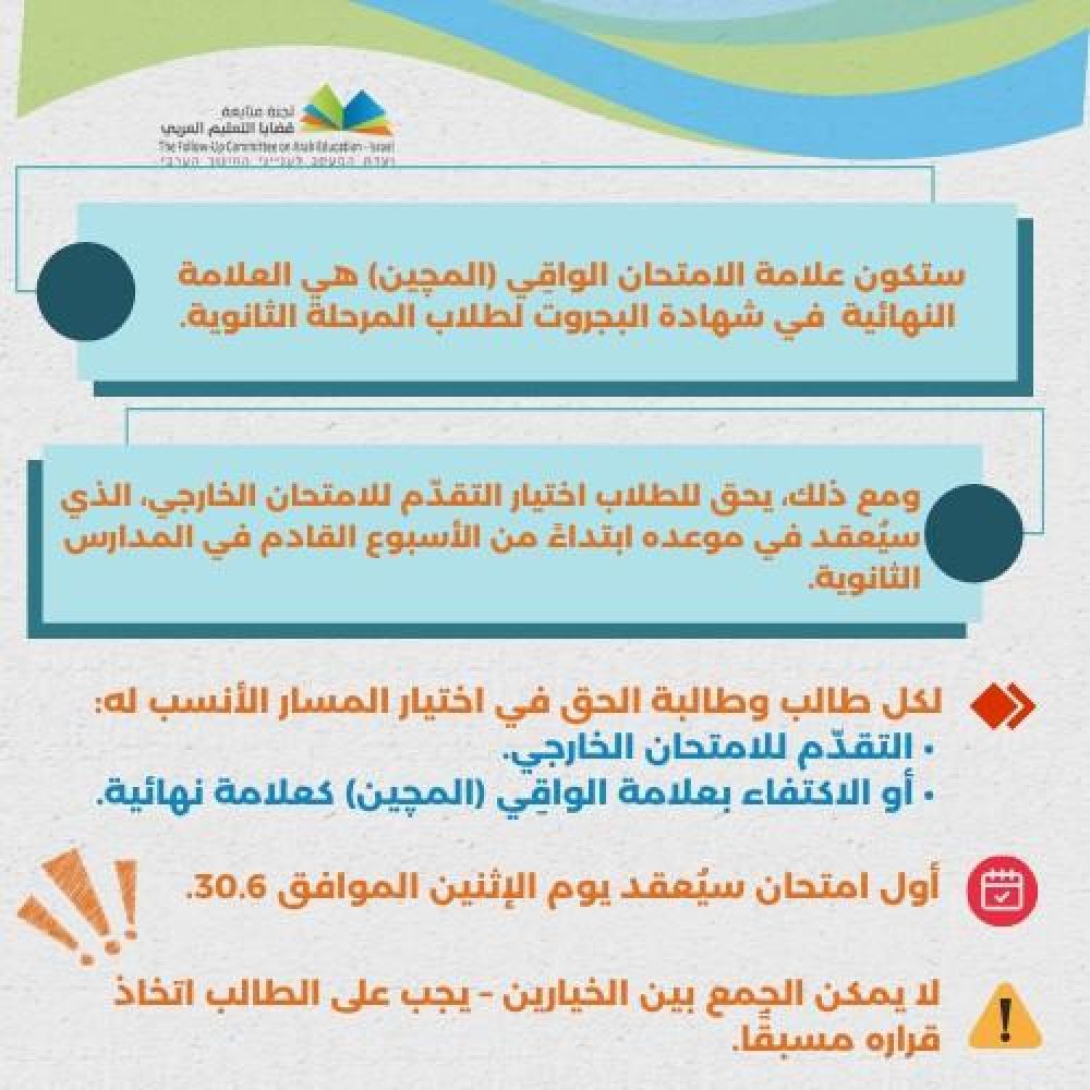 وزارة التربية والتعليم حسمت قرارها بشأن امتحانات البجروت لهذا العام كما يظهر من خلال المنشورين المرفقين.